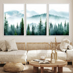 Misty Pine Forest Wall Art, Foggy Mountain Landscape Canvas