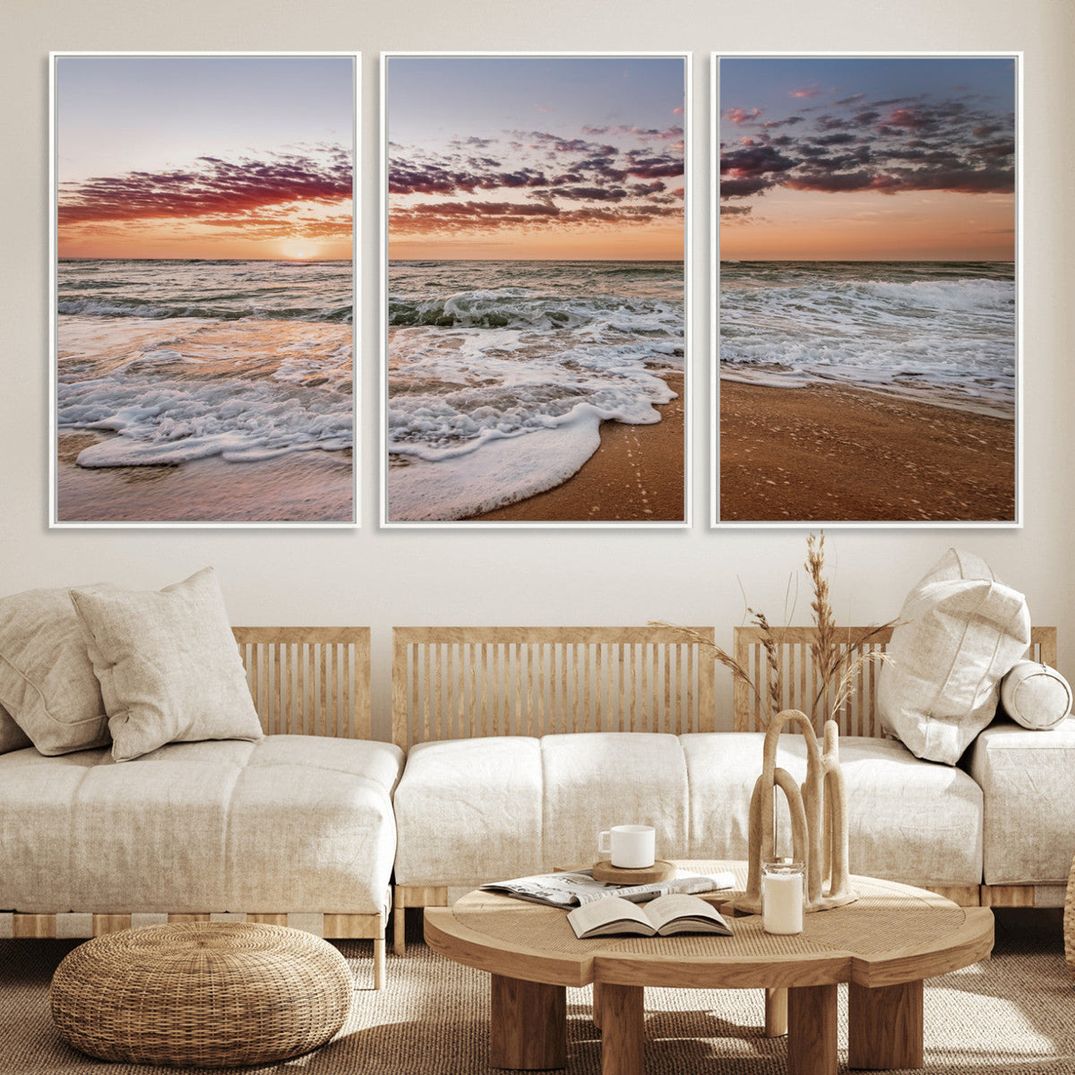 Ocean Sunset Wall Art Canvas Print | Sandy Shore and Gentle Waves