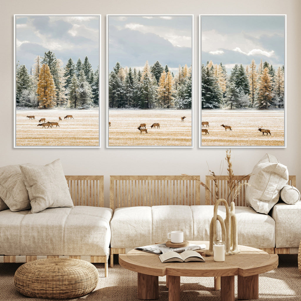 Elk Herd Wall Art, Framed Snowy Forest Canvas Artwork