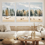 Elk Herd Wall Art, Framed Snowy Forest Canvas Artwork