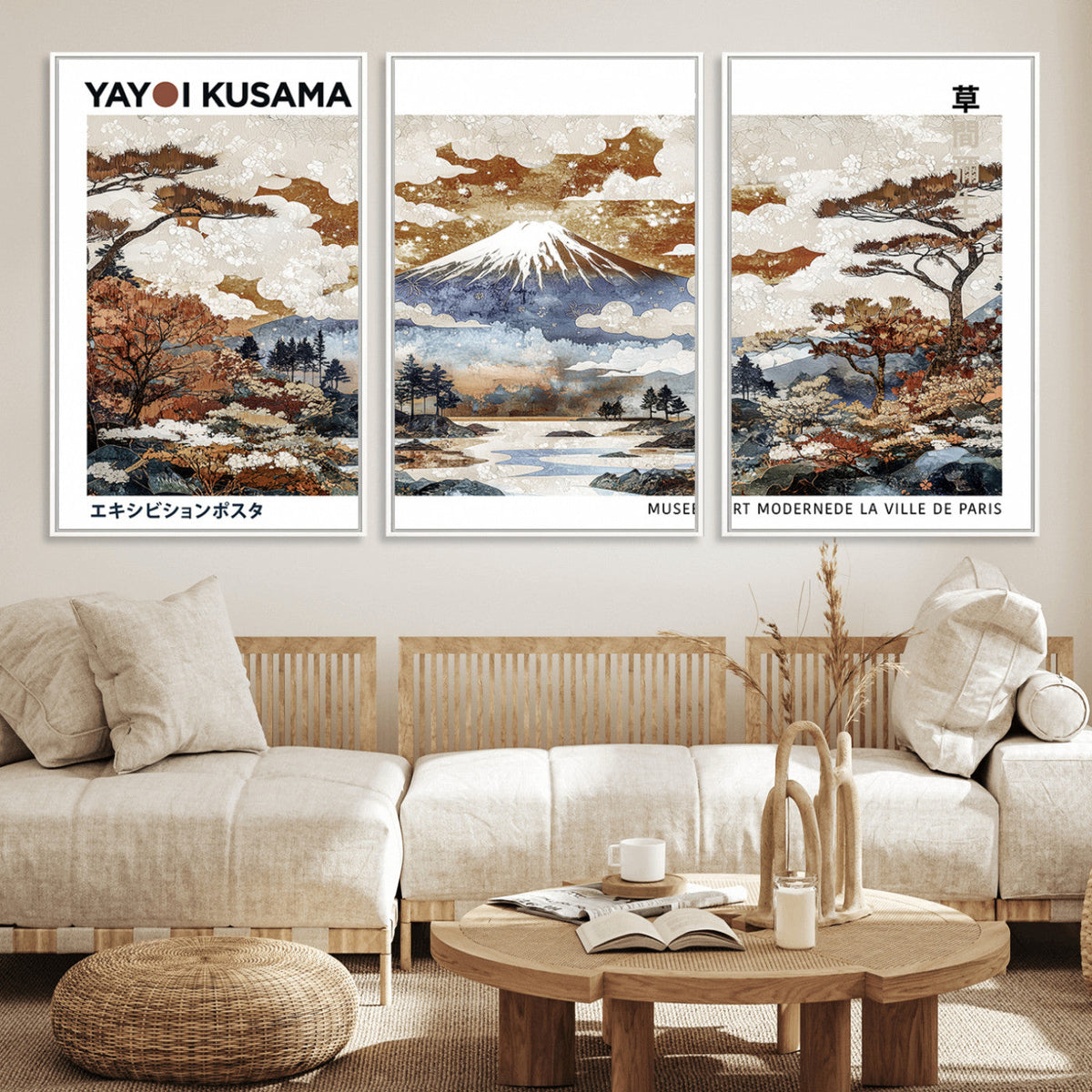 Modern Japanese Mount Fuji Canvas Art Print, Yayoi Kusama Wall Art, Framed Abstract Japanese Landscape