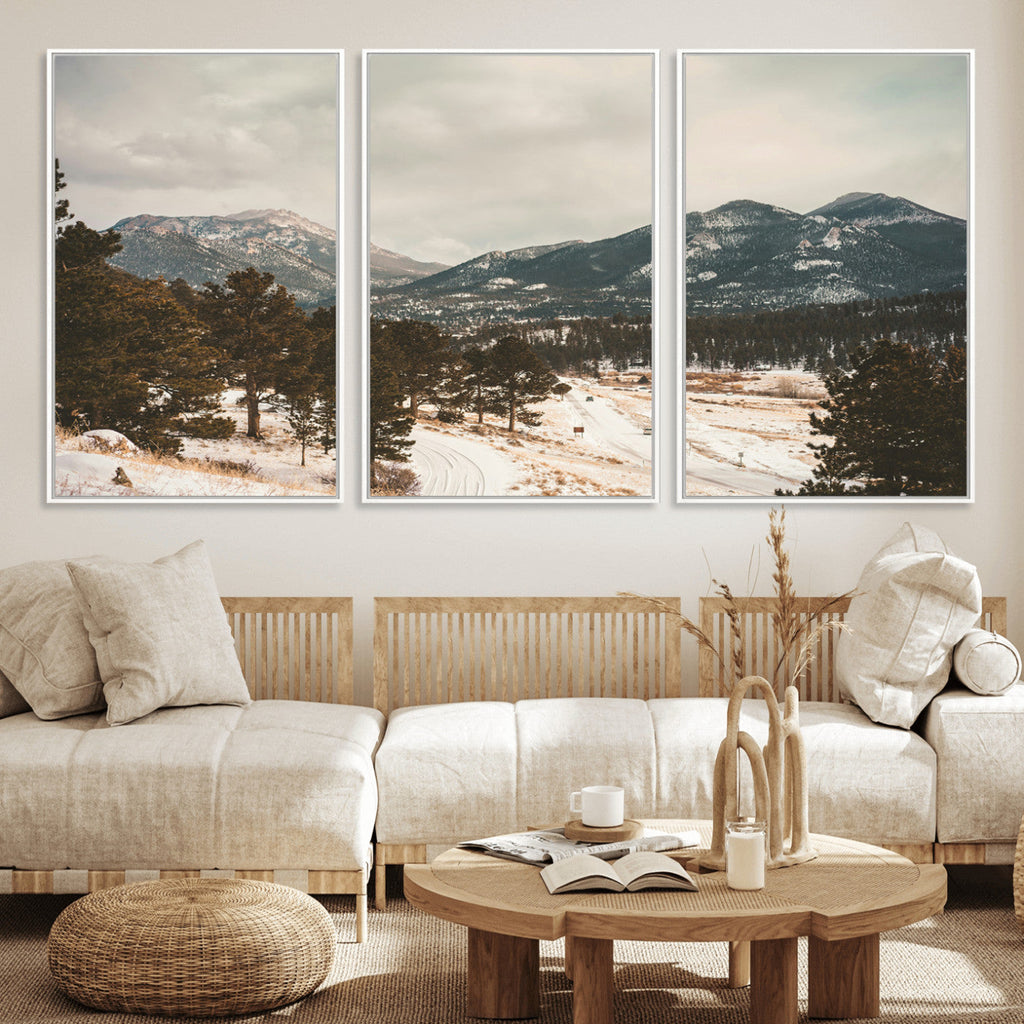 Mountain Landscape Wall Art Canvas Print, Framed Snowy Peaks Alpine Winter