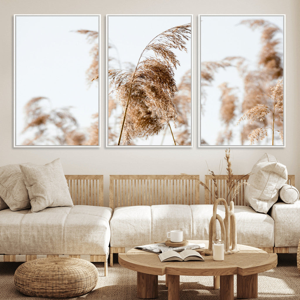Pampas Grass Wall Art Canvas Print, Framed Neutral Tones Minimalist Boho