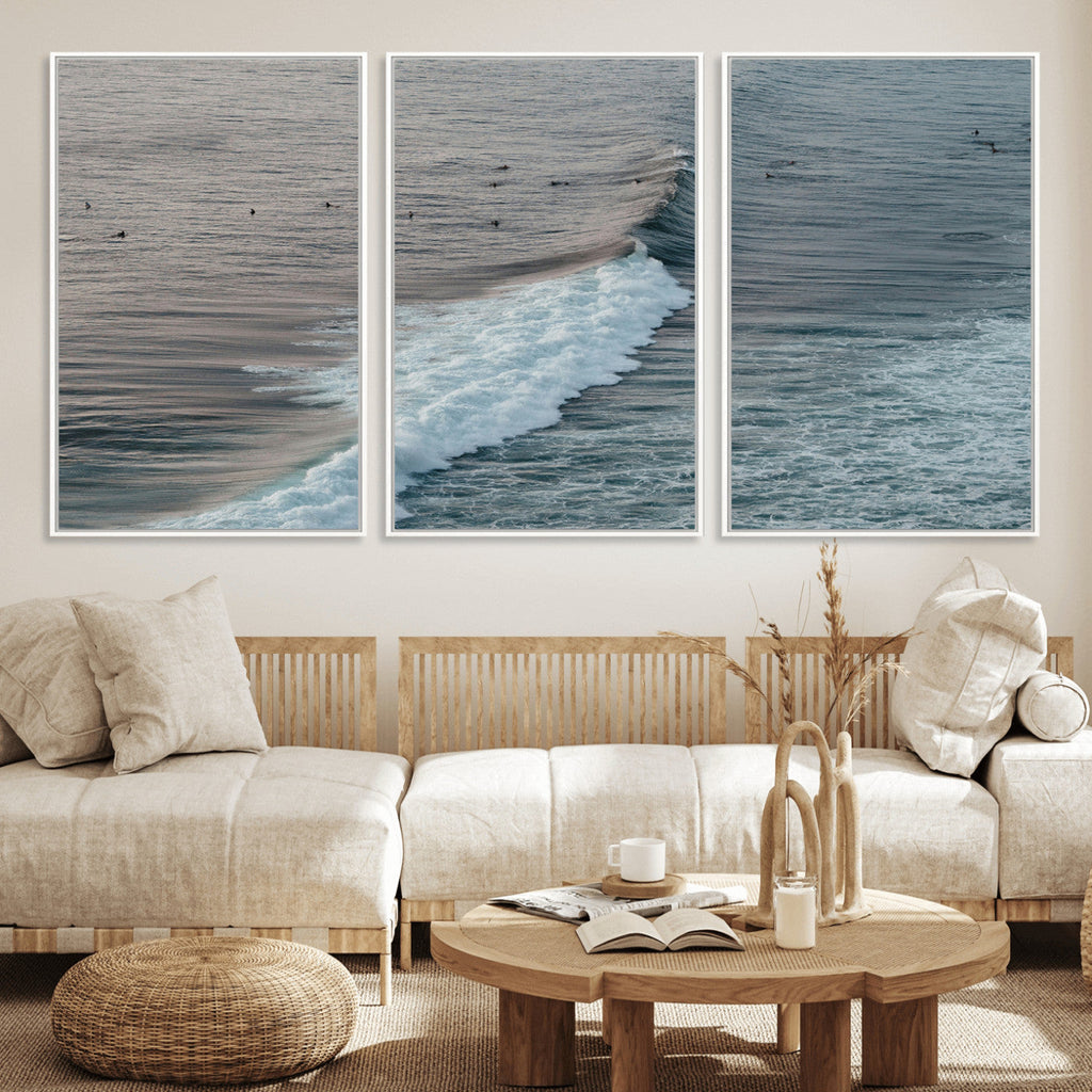 Ocean Waves Wall Art Canvas Print, Framed Coastal Serenity Surf Scene