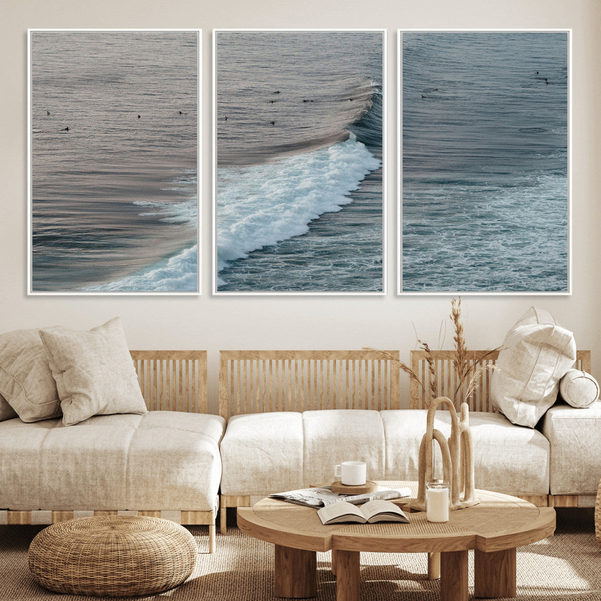 Ocean Waves Wall Art Canvas Print, Framed Coastal Serenity Surf Scene
