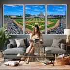Wrigley Field Baseball Stadium Canvas Wall Art, Packed Crowd and Chicago Skyline