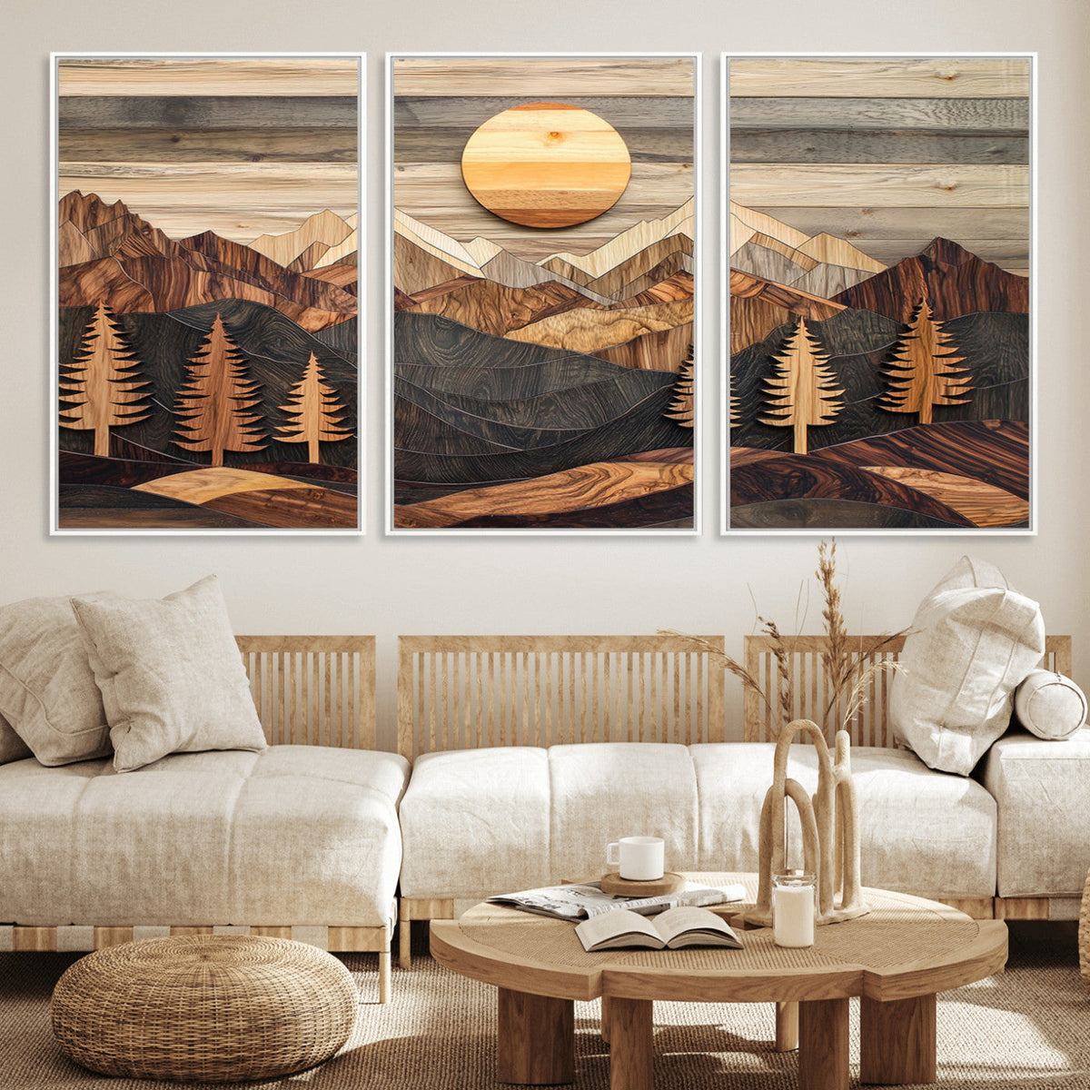 Wooden Mountain Layers Art | Rustic Pine Tree Landscape
