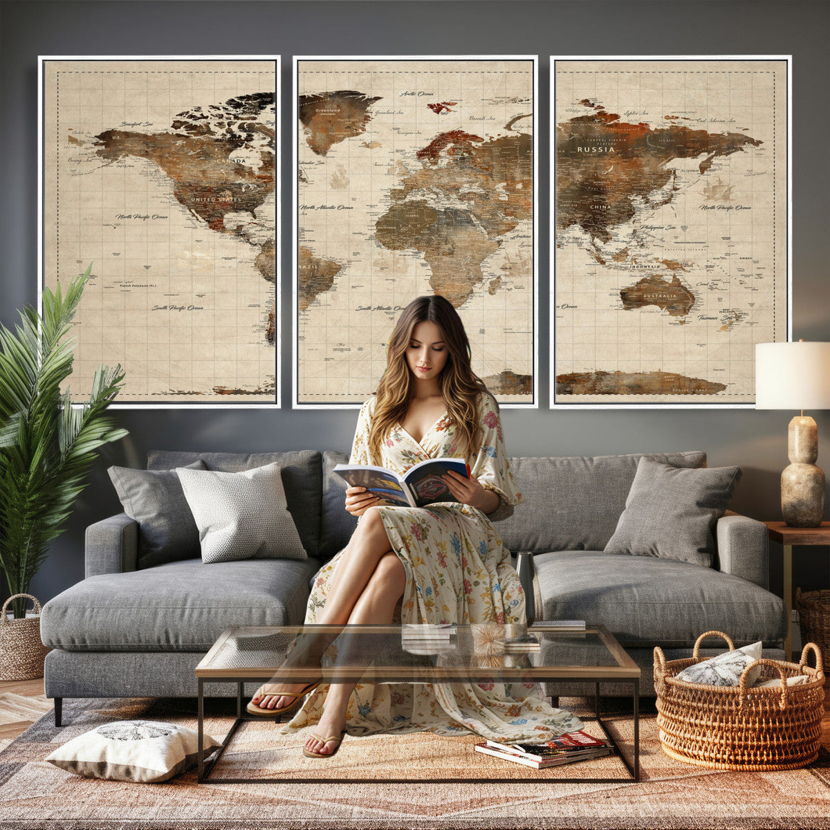 Vibrant Earth Tone World Map Canvas Print | Framed Detailed Map of the World