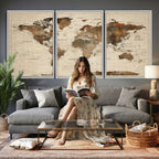 Vintage World Map Wall Art Canvas Print for Living Room, Office and Study