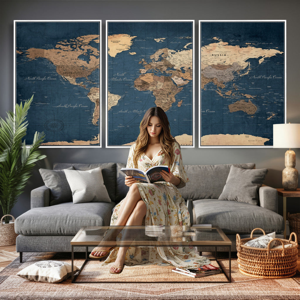 Navy Blue World Map Canvas Print | Framed Travel Map Wall Art