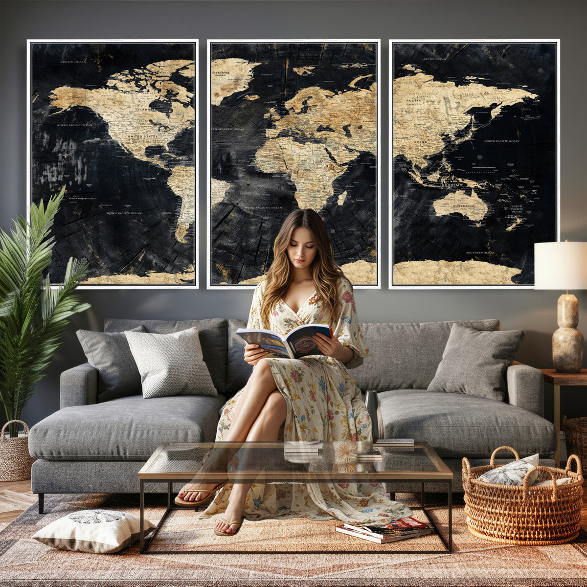 Framed Large World Map Wall Art Canvas Print for Living Room