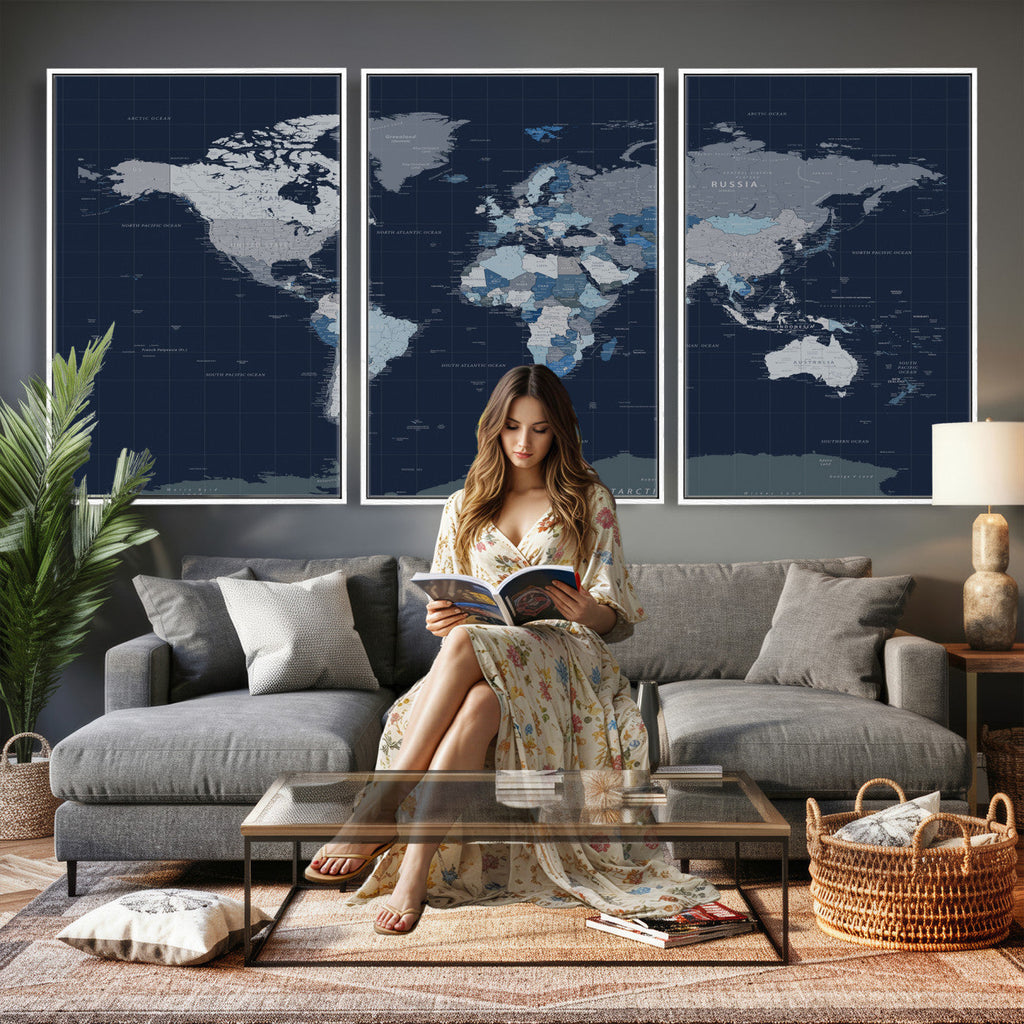Blue Detailed World Map Wall Art Canvas Print | Modern Framed Map
