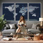Blue Detailed World Map Wall Art Canvas Print | Modern Framed Map