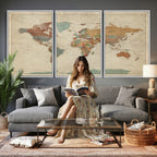 Vintage World Map Canvas Wall Art Print | Framed Modern World Map