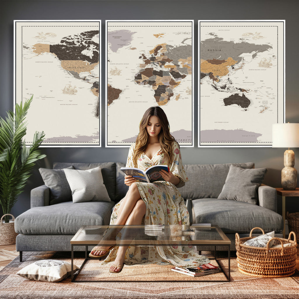 Custom Beige Modern Push Pin World Map Canvas Print, Places Visited Tracker, Bedroom and Study Decor
