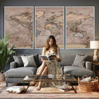 Grunge World Map Canvas Wall Art - Vintage Aged World Map with Golden Tones