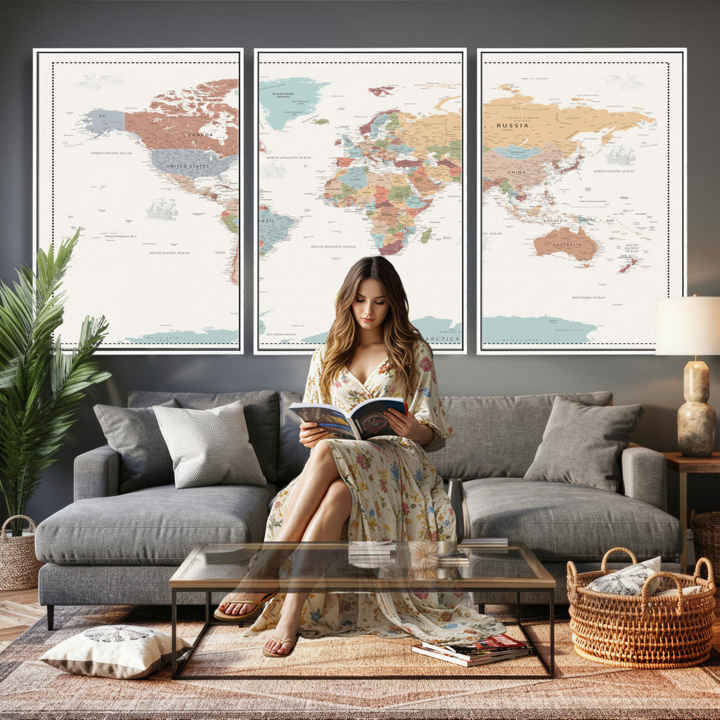 Pastel Colors World Map Wall Art Canvas Print