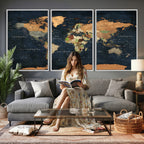 Vintage World Map Canvas Wall Art | Detailed Map with Countries, Oceans and Continents