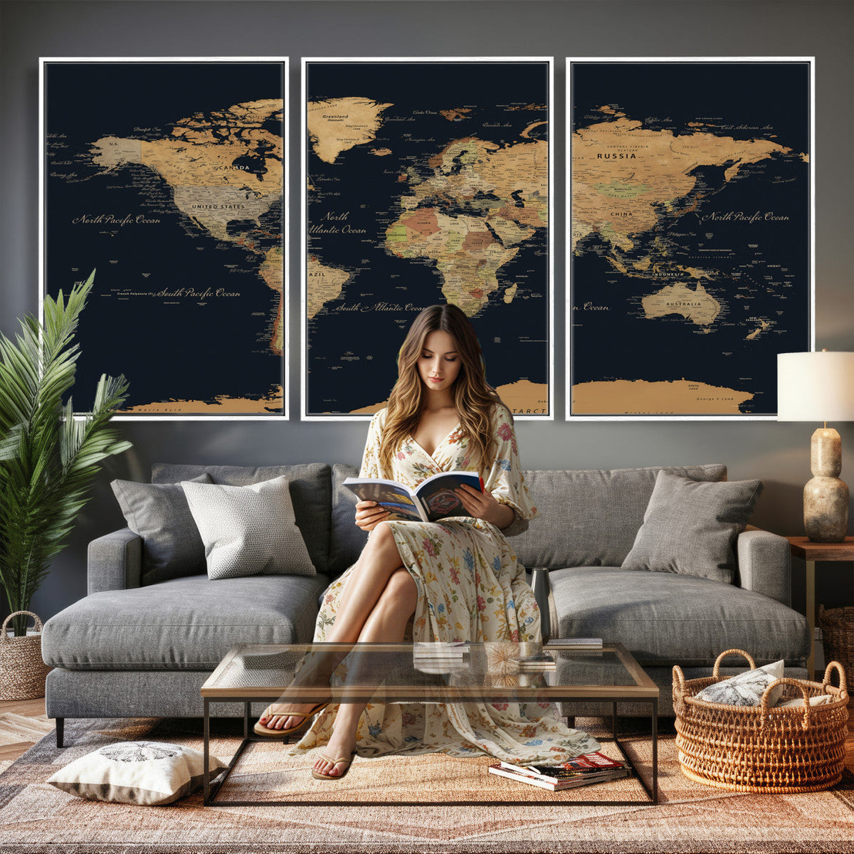 Vintage World Map Earth Globe Countries Oceans Continents