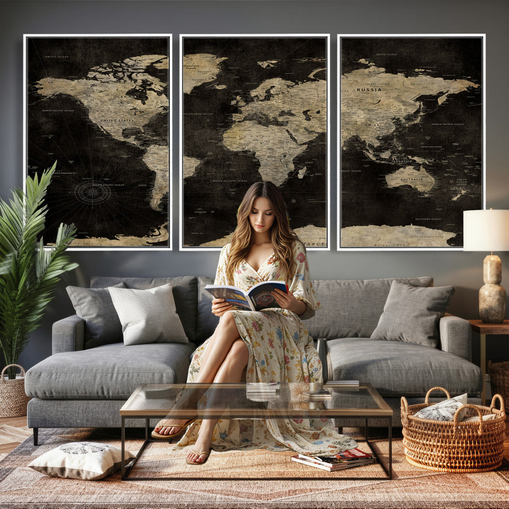 Push Pin World Map Canvas Wall Art Print, Interactive Travel Map