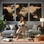 Brown World Map Canvas Print | Modern Travel Map Wall Art