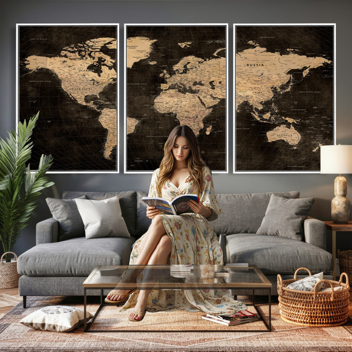 Brown World Map Canvas Print | Modern Travel Map Wall Art