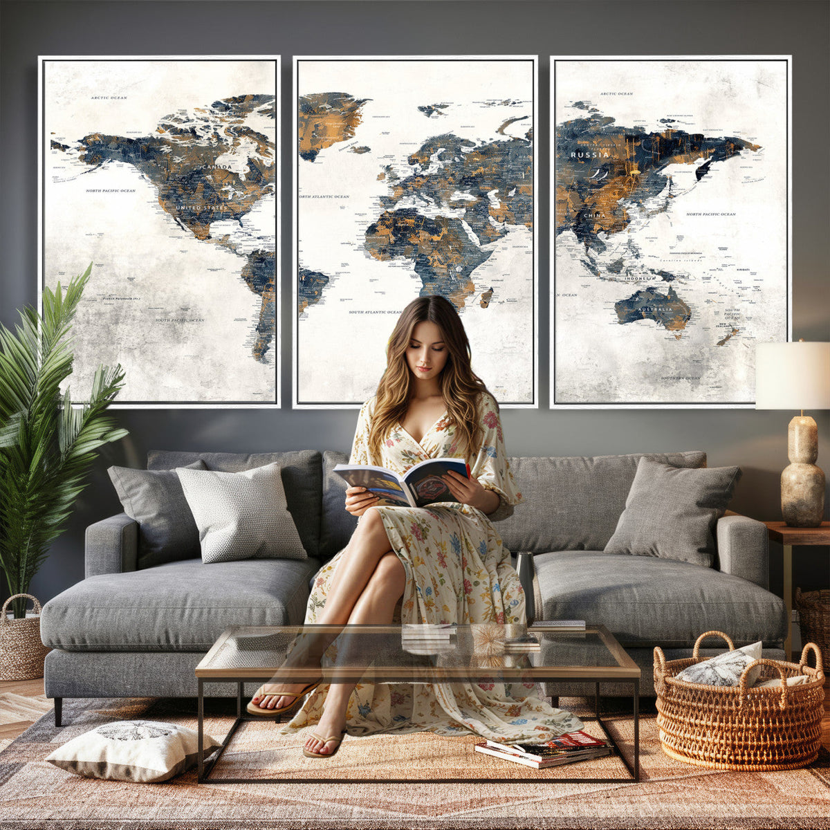 World Map Wall Art Canvas Print for Office Wall Decor