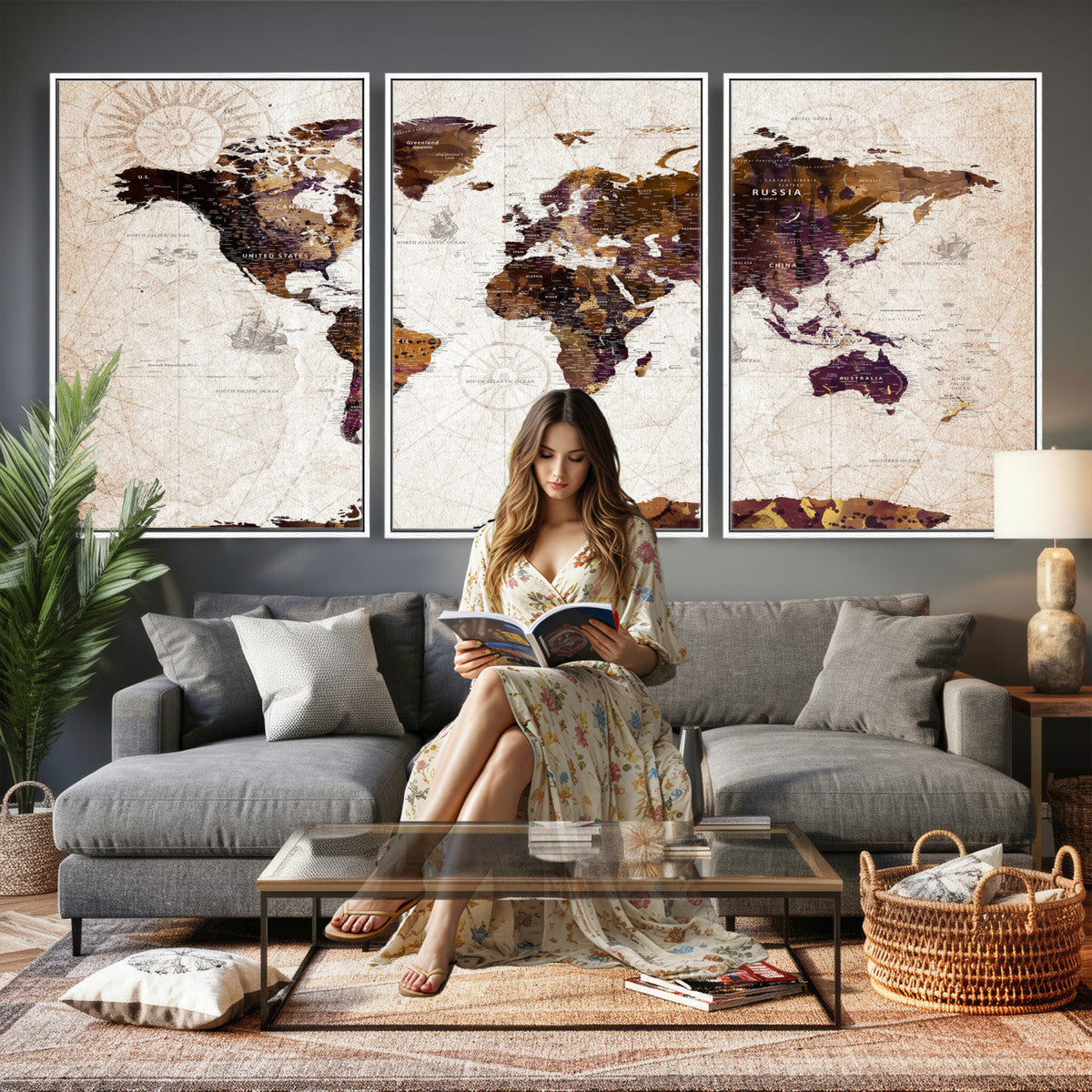 Blue Watercolor World Map Canvas Print | Framed Modern Wall Art