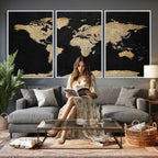 Beige World Map Canvas Wall Art Print, Minimal Black and Beige Map