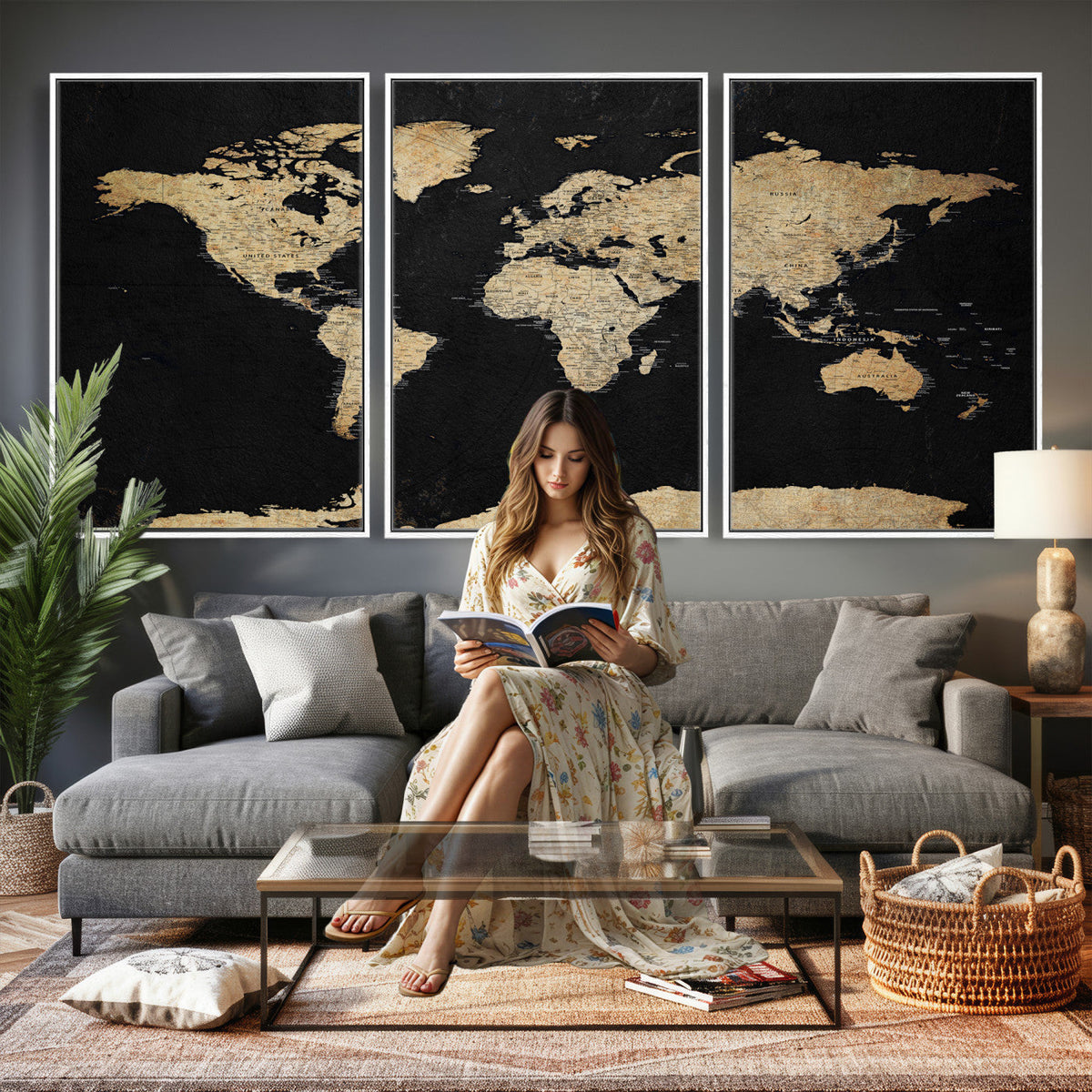 Beige World Map Canvas Wall Art Print, Minimal Black and Beige Map