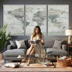 Neutral Vintage World Map Canvas Wall Art Print, Classic Map Artwork