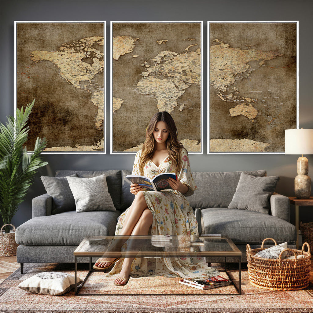 Dark Vintage World Map Canvas Wall Art Print, Antique Map Artwork