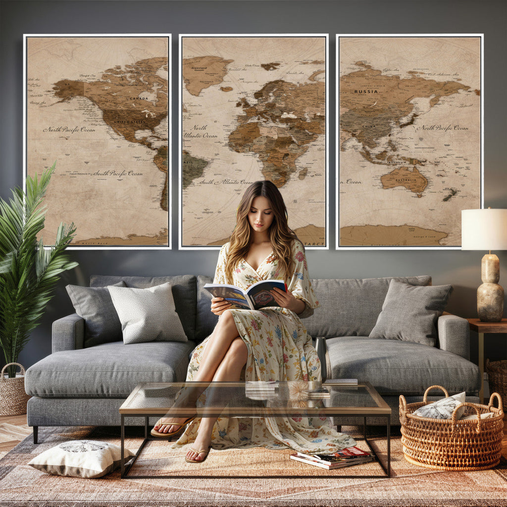 World Map Canvas Wall Art Print, Detailed Global Map Artwork