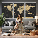 Vintage Blue and Brown World Map Canvas Wall Art | Framed Rustic Map Print