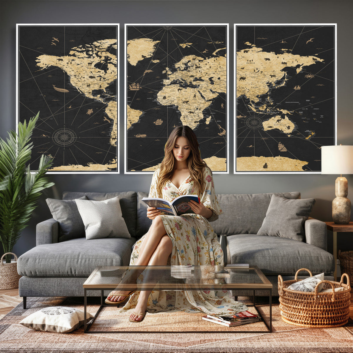 Vintage Blue and Brown World Map Canvas Wall Art | Framed Rustic Map Print