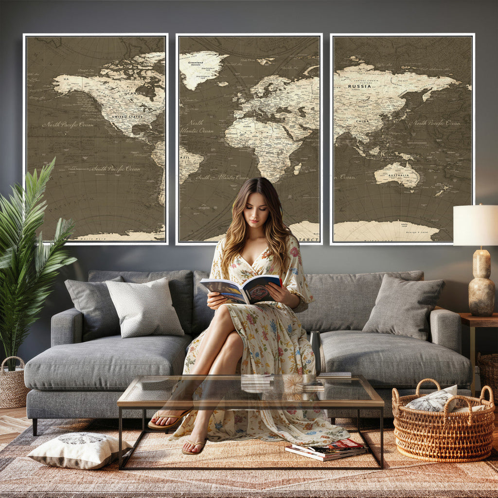 Vintage World Map Canvas Print | Framed Travel Map Wall Art for Couples