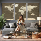 Vintage World Map Canvas Print | Framed Travel Map Wall Art for Couples
