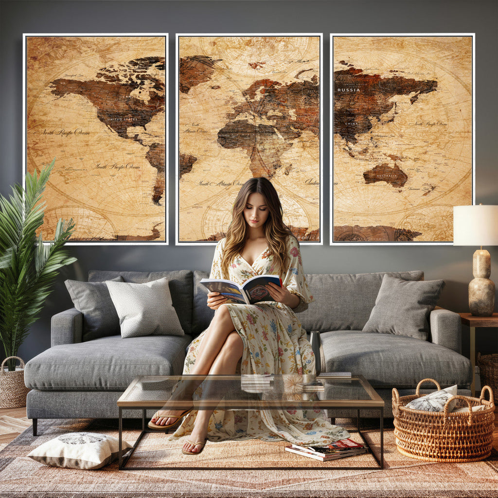 Modern Red and Gray World Map Canvas Print | Framed Wall Art