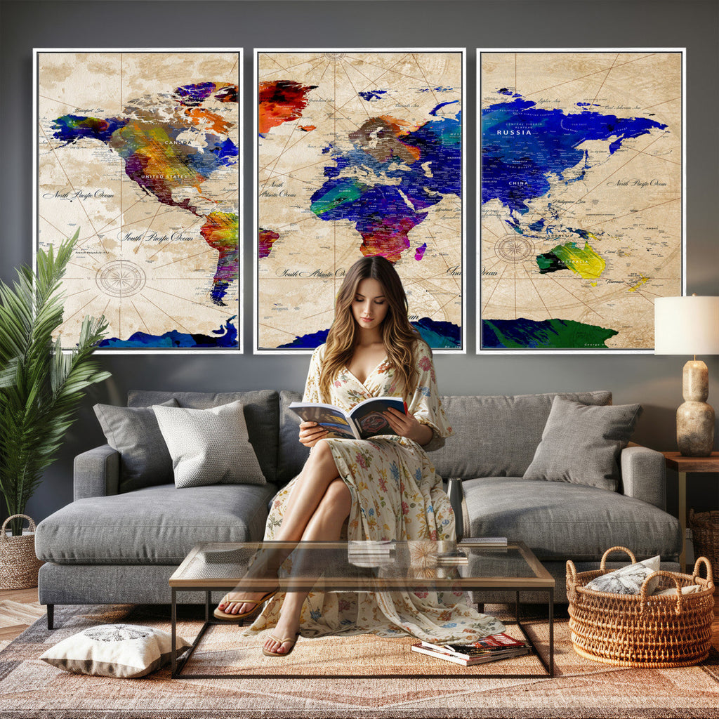 Watercolor World Map Canvas Print | Framed Wall Art for Couples