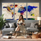 Watercolor World Map Canvas Print | Framed Wall Art for Couples