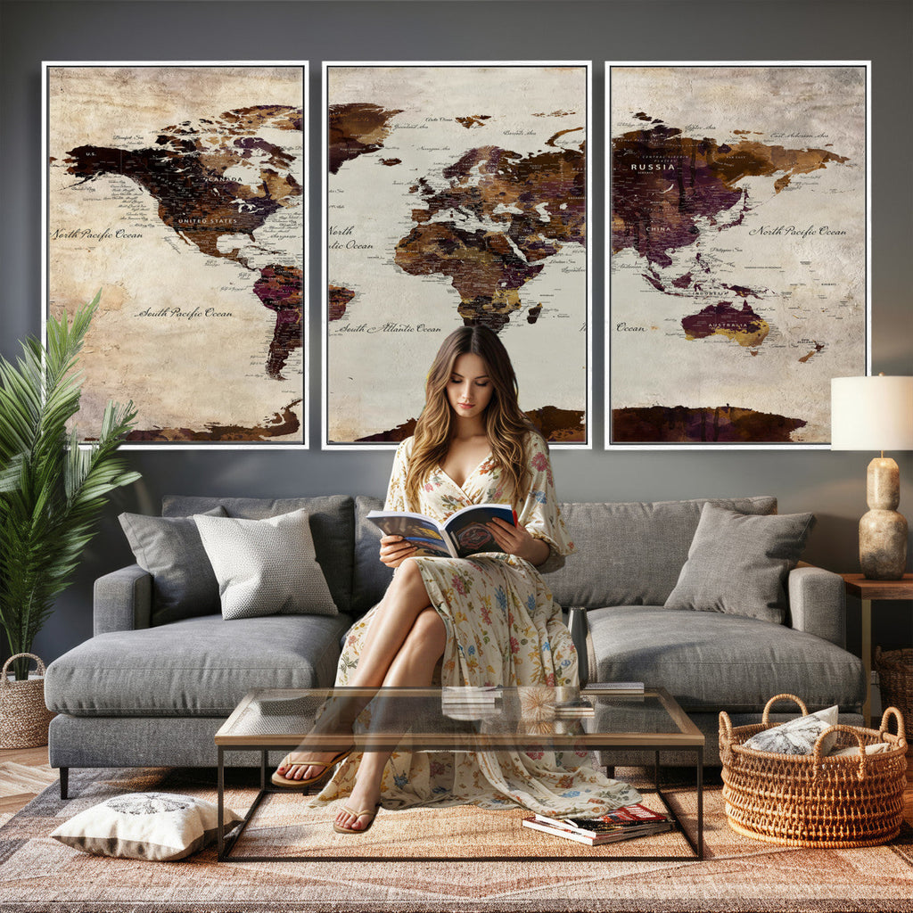 World Map Canvas Triptych | Colorful Global Wall Art for Living Rooms