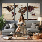 World Map Canvas Triptych | Colorful Global Wall Art for Living Rooms