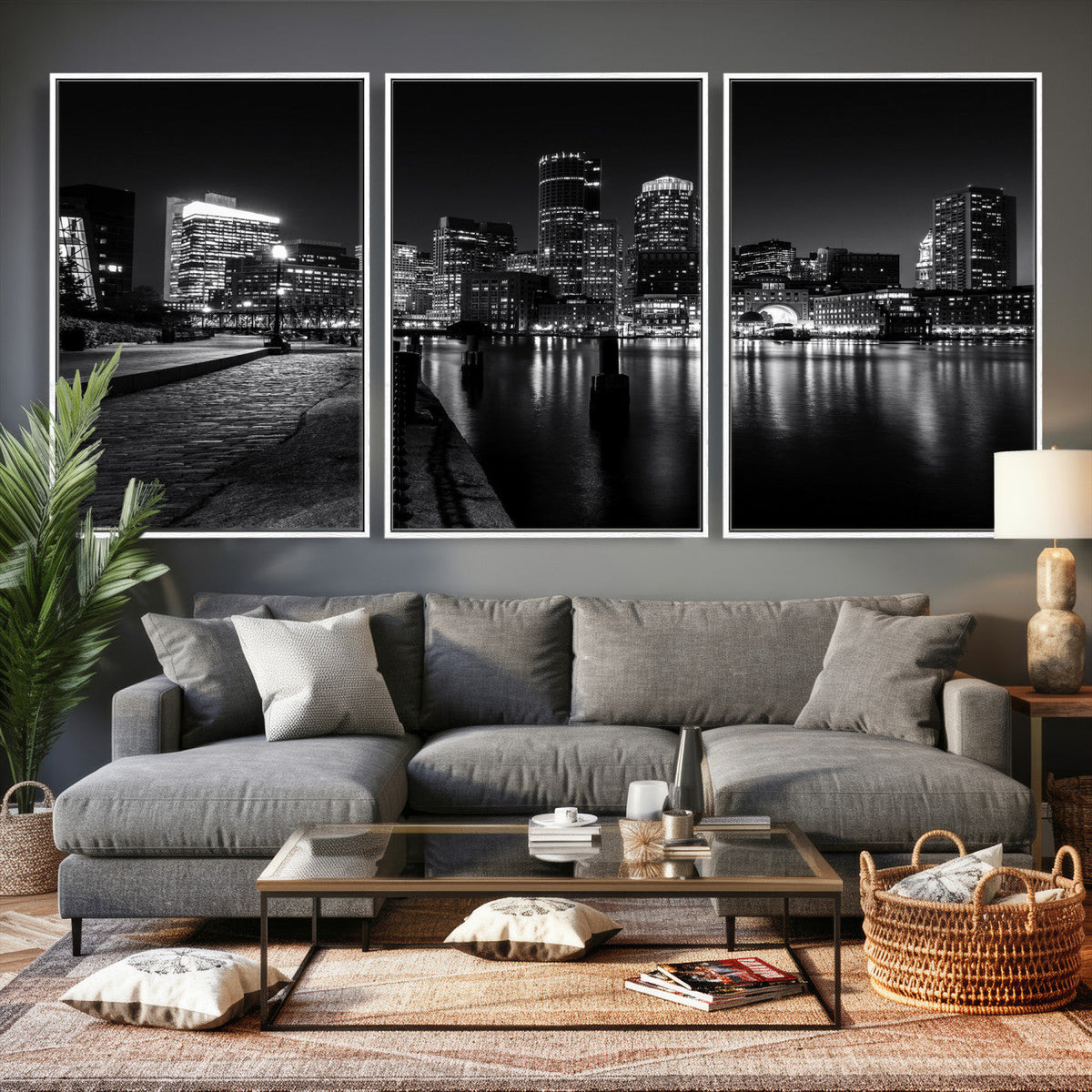 Boston Wall Art Canvas Print, Boston City Downtown Night Cityscape