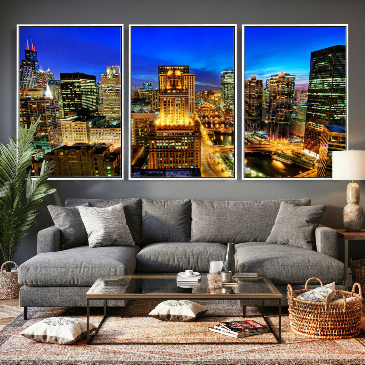 Chicago Wall Art Canvas Print - Chicago City Downtown Night Cityscape