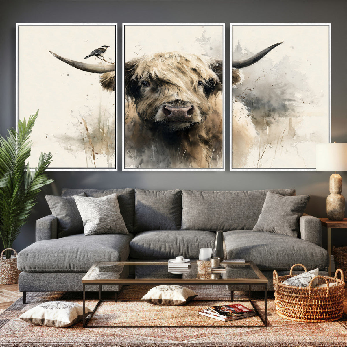 Abstract Highland Cow Wall Art Canvas Print, Rustic Farm Cattle Portrait