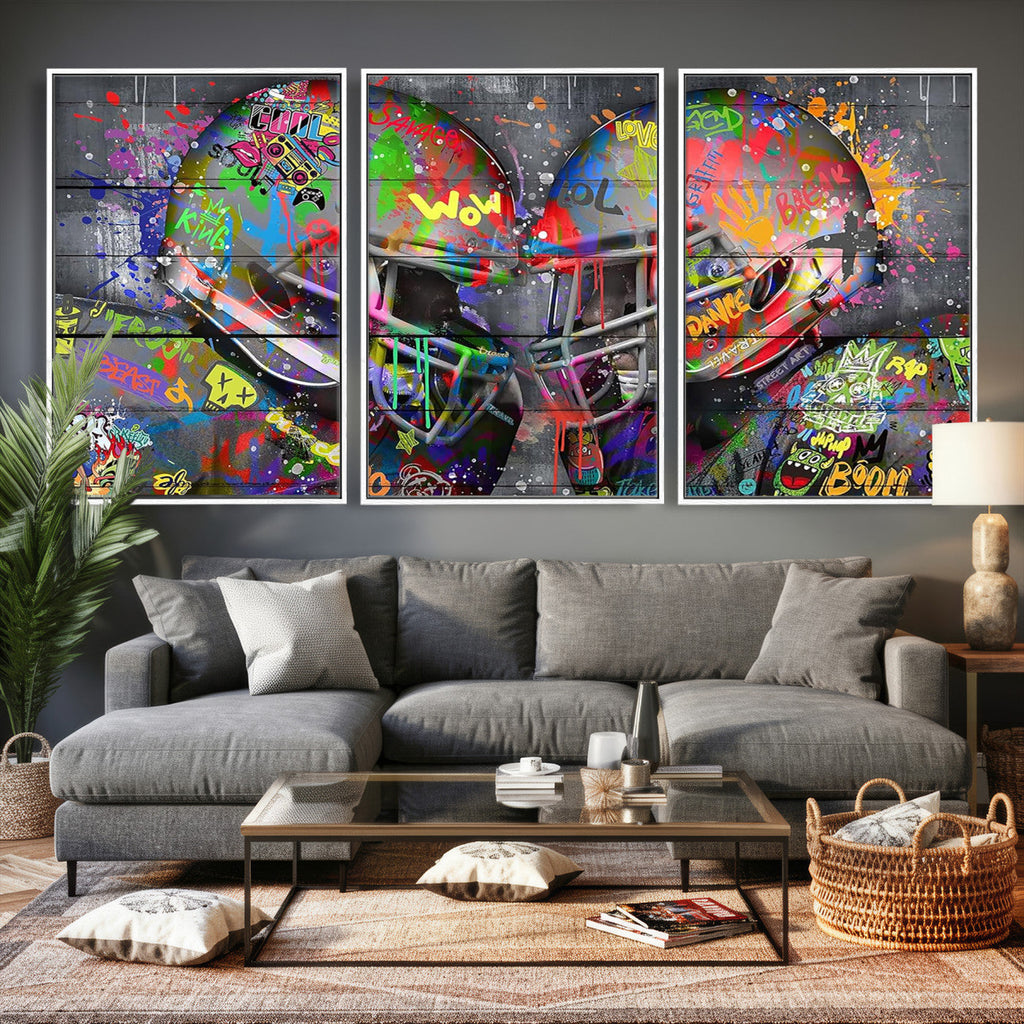 Graffiti Football Helmets Wall Art Canvas Print, Urban Street Art