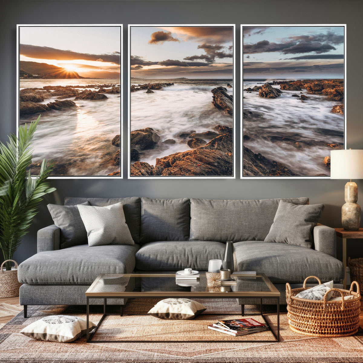 Rocky Coast Ocean Sunset Wall Art Canvas Print, Dramatic Seascape Nature Decor