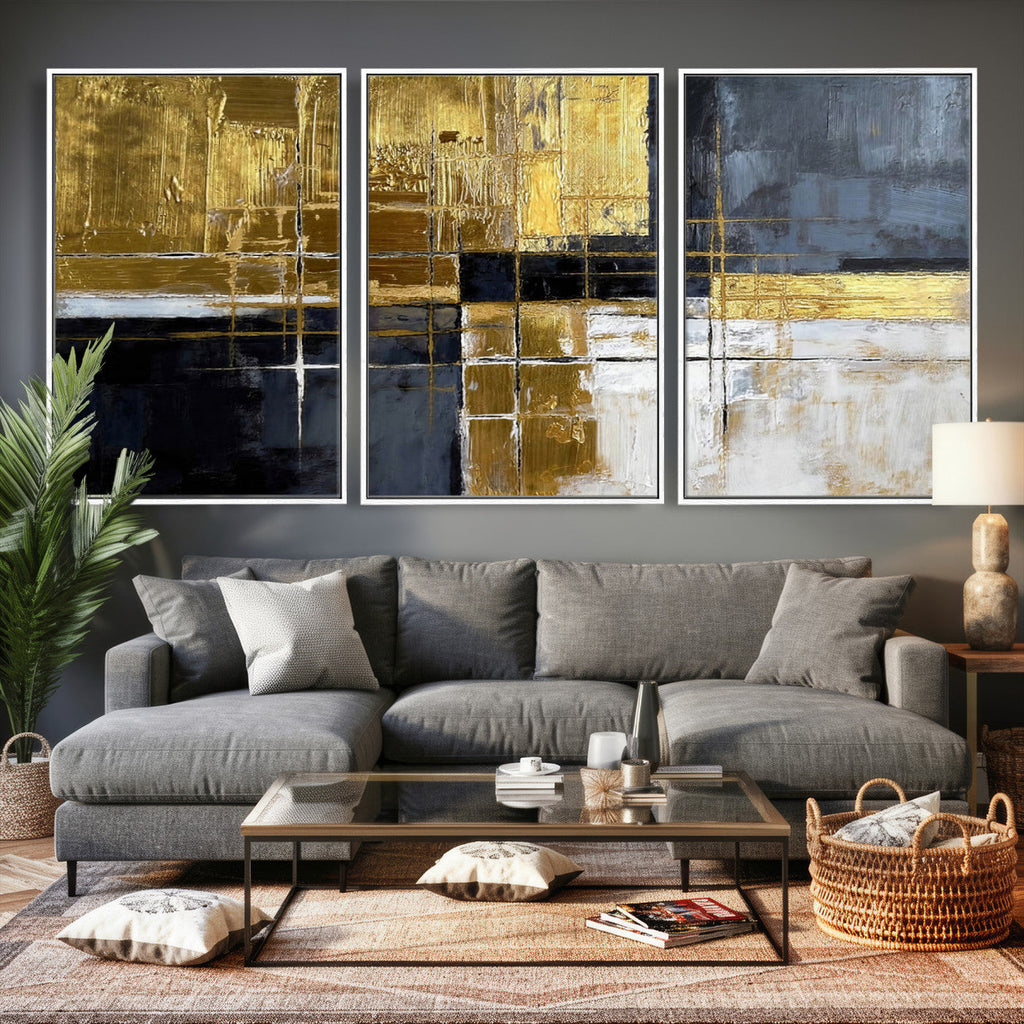 Gold Navy Abstract Wall Art Canvas Print, Modern Luxury Geometric Art for Living Room and Office