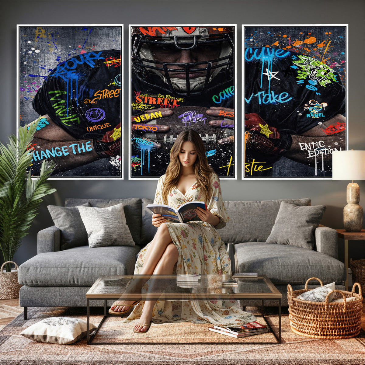 Graffiti American Football Player Street Art Wall Art Canvas Print