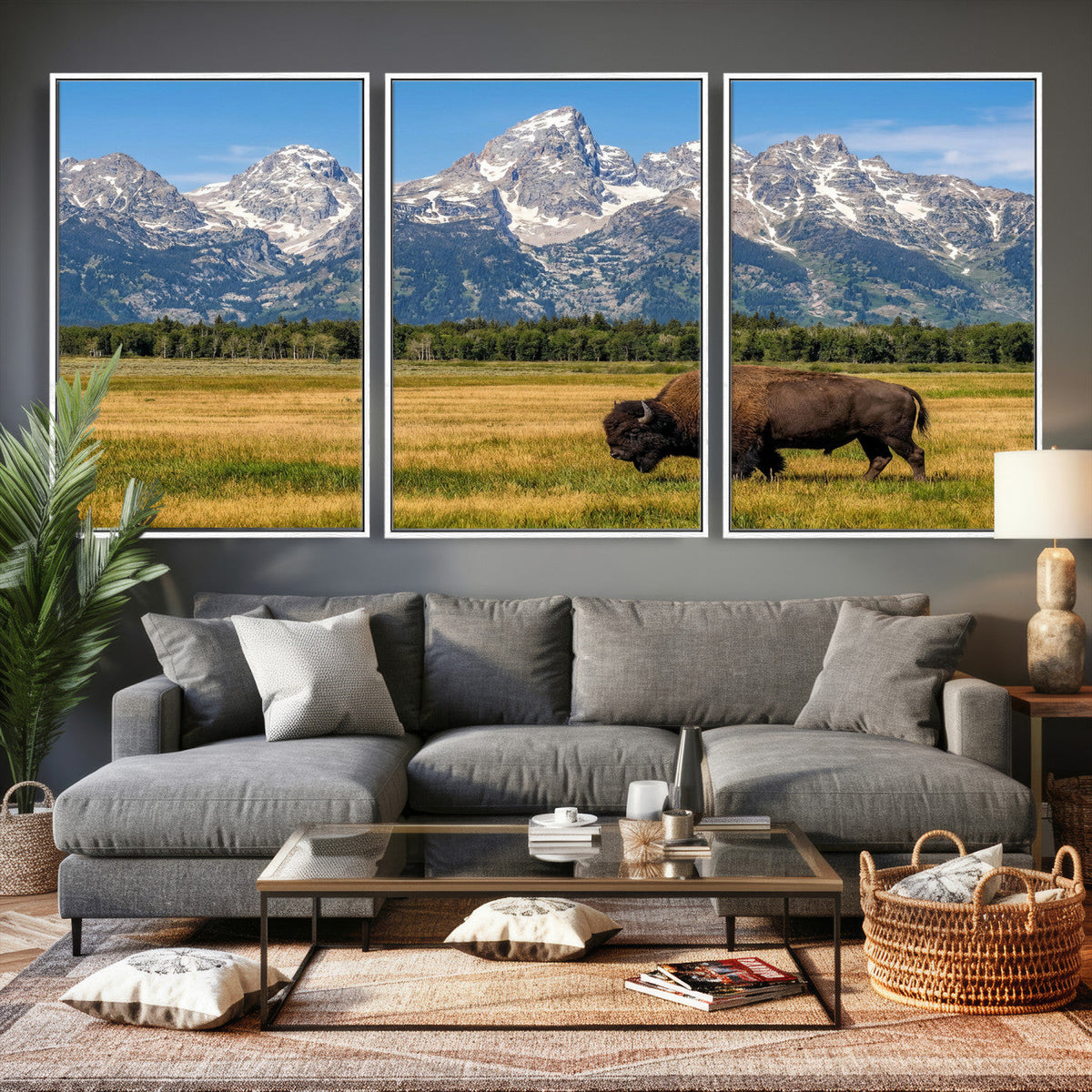 Bison in Mountain Landscape Wall Art Canvas Print, Western Decor